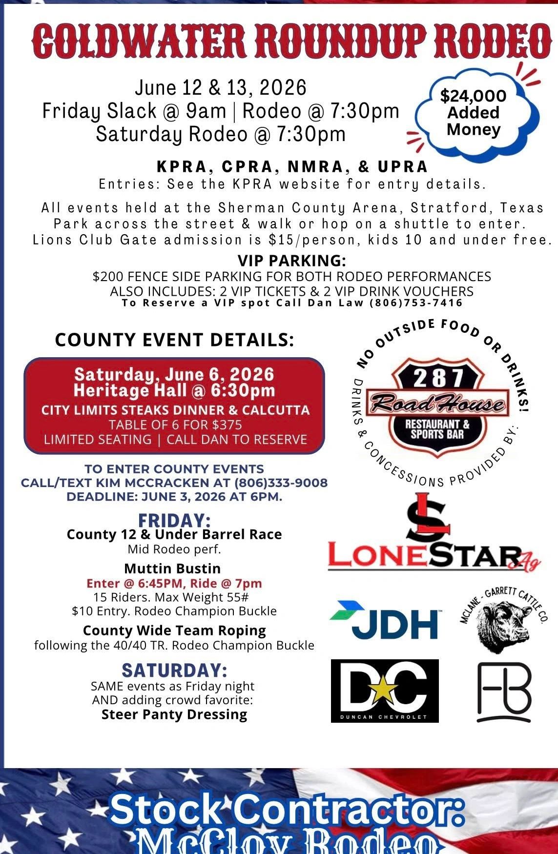 Coldwater Roundup Rodeo event on June 12-13, 2026, with VIP parking and county event details.