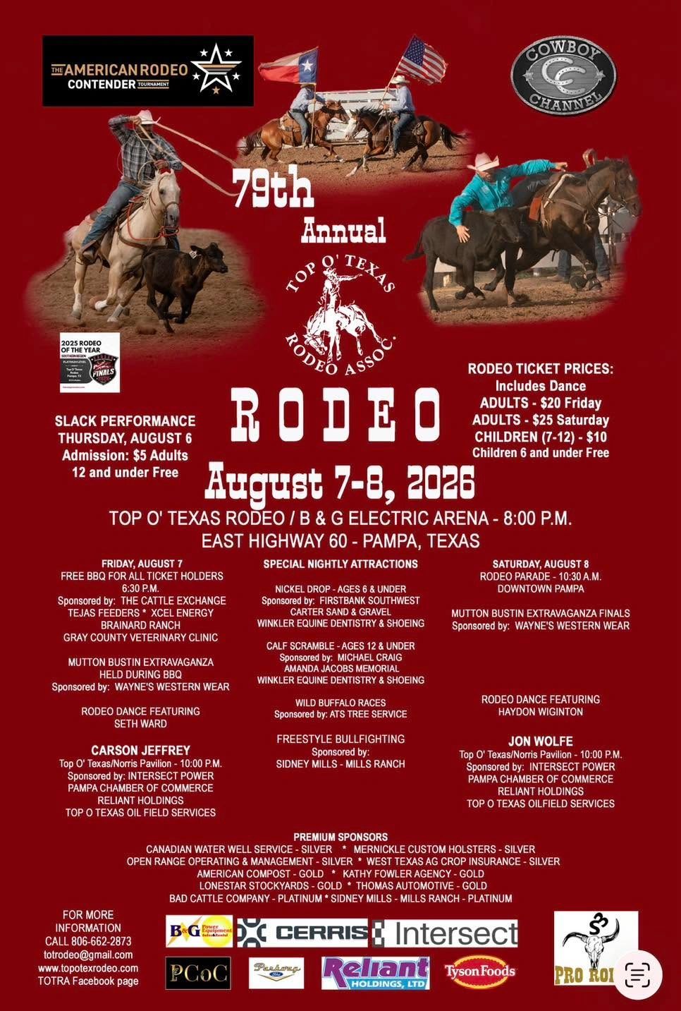 Poster for the 79th Annual Top O' Texas Rodeo Aug 7-8, 2026 in Pampa, Texas.