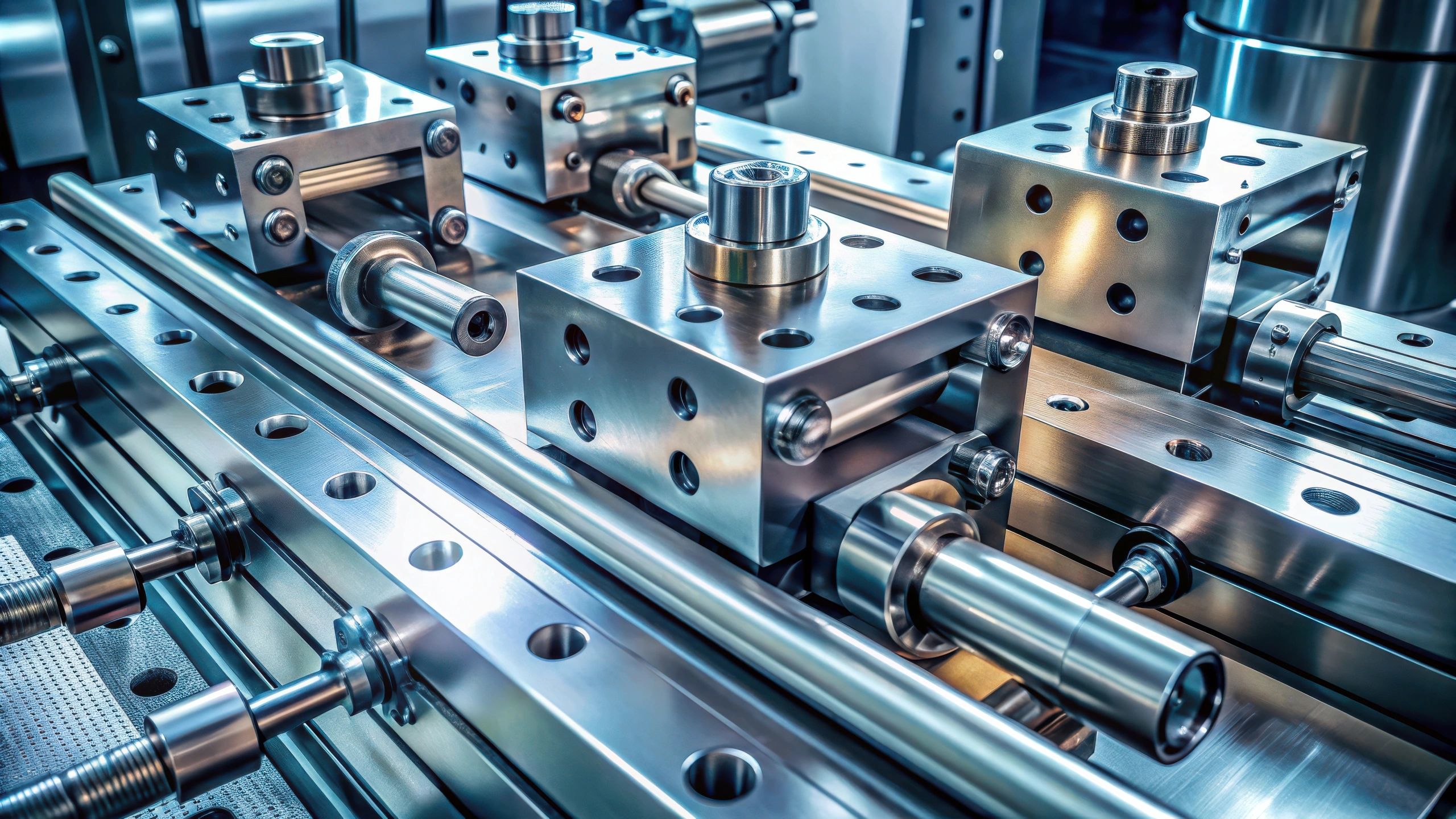 Close-up of precision metal machinery parts with polished surfaces.