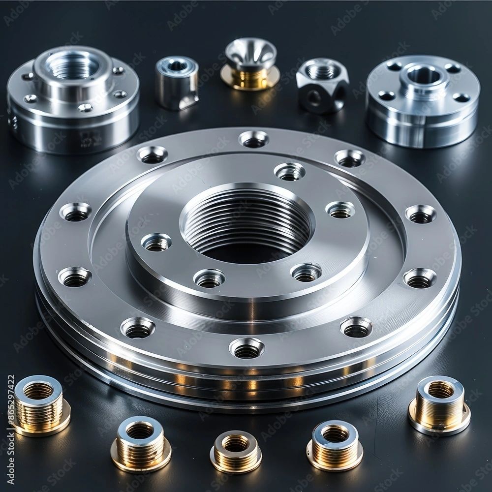 Precision-machined metal parts and components arranged on a dark surface.
