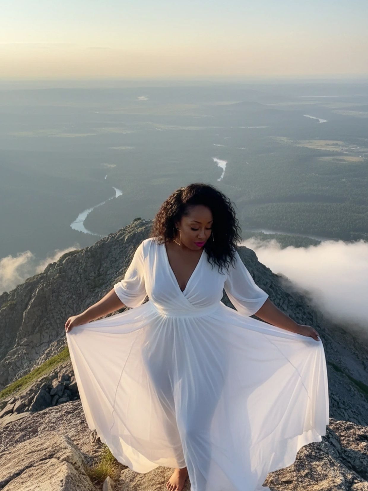 Woman in white dress standing on a mountain peak at sunrise.