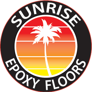 Logo of Sunrise Epoxy Floors with a palm tree and sunset gradient.