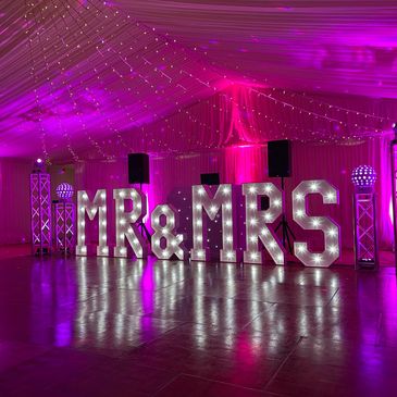 Mr & Mrs Light up Letters, Wedding Theming, Marquee linings, Dancefloor, DJ booth, Lighting
