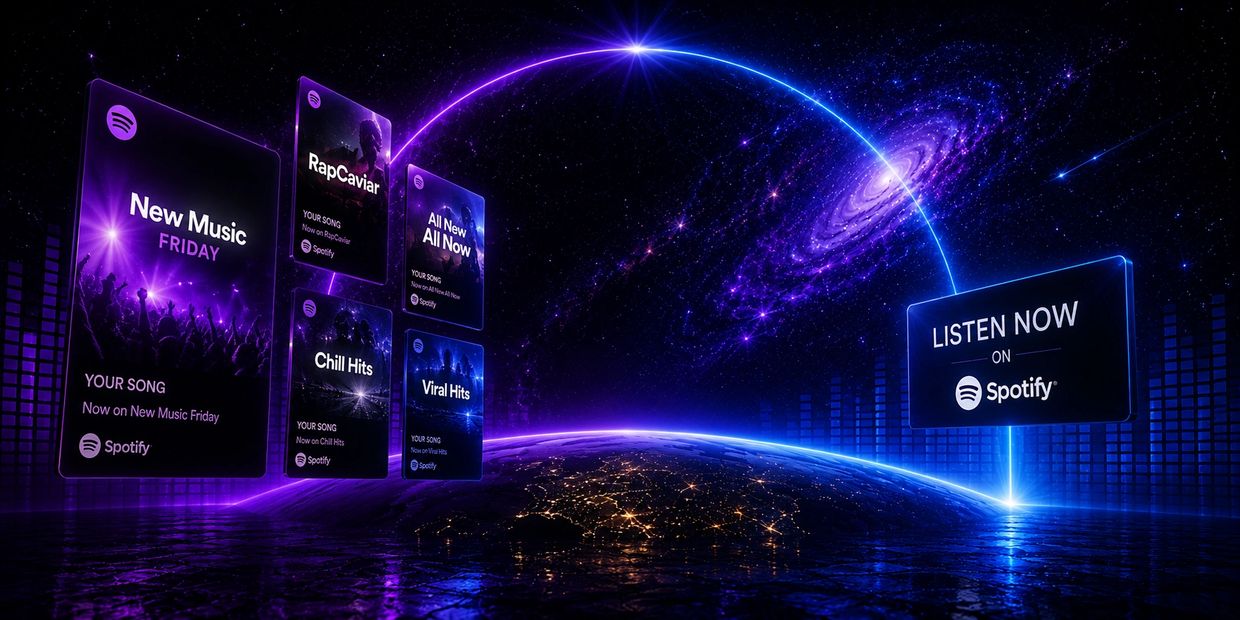 Futuristic Spotify music playlists floating in space above Earth.