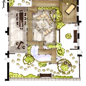 Detailed hand-drawn architectural floor plan with outdoor and indoor spaces including seating, pathways, and greenery.