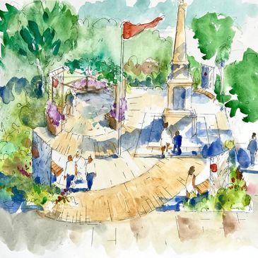 Watercolor sketch of a park with pathways, trees, and people walking around a monument.