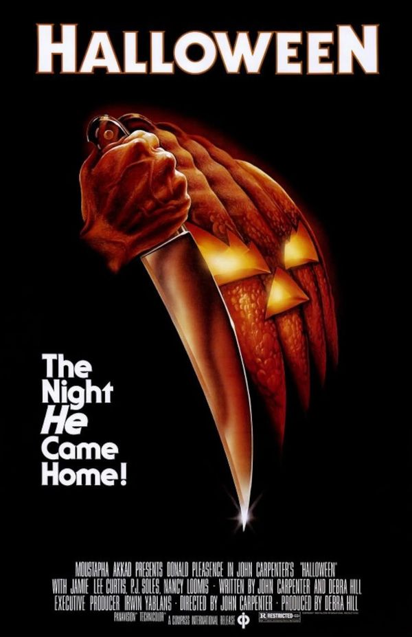 Halloween movie poster with a menacing pumpkin and knife.