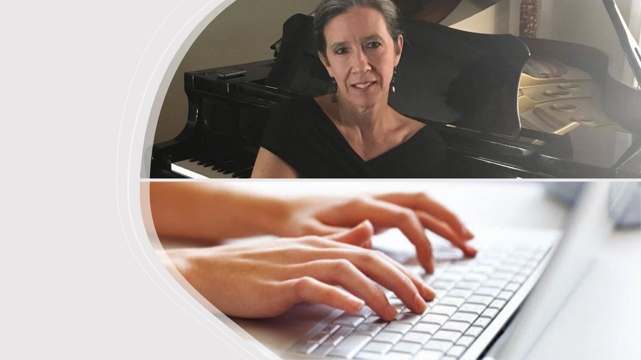 Photos superposées : Martine au piano et mains à l'ordinateur