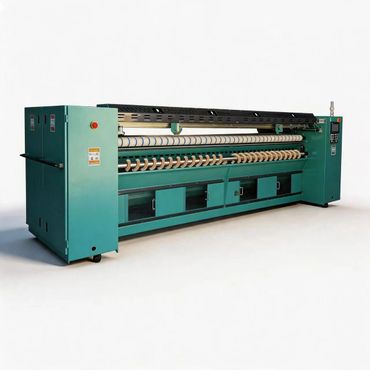 Large industrial textile machine with rollers and control panel.