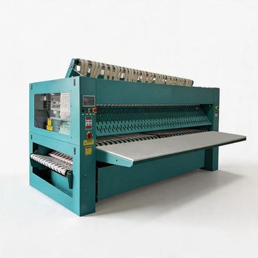 Large teal industrial ironing machine for textiles.