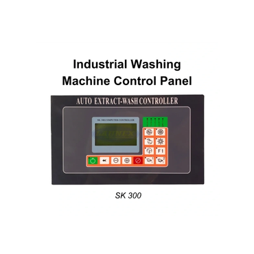 Industrial washing machine control panel with digital display and buttons.
