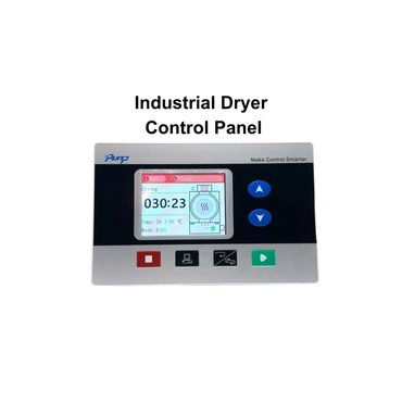 Industrial dryer control panel with digital display and buttons.