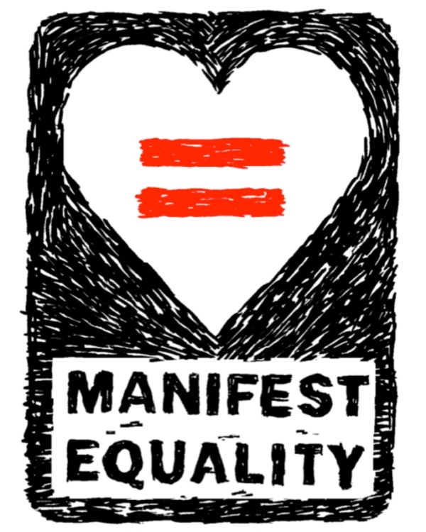 Heart with equality symbol and text Manifest Equality in black and red.