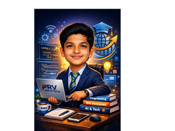 Young programmer working with a laptop, surrounded by tech books and digital icons.