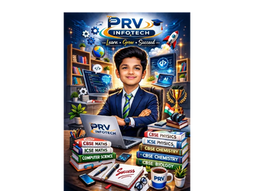 Young boy in a suit working on a laptop surrounded by books and tech symbols.