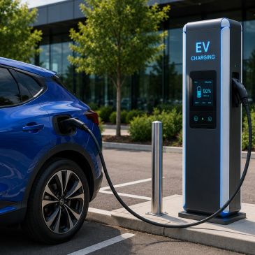 Blue electric car charging at a modern EV charging station in an urban setting.