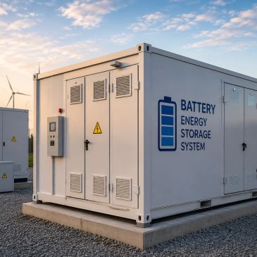 Battery energy storage system container outdoors at sunset.