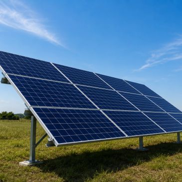Solar panels installed on a grassy field under a clear blue sky.