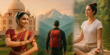 A woman in traditional Indian attire dancing near the Taj Mahal.