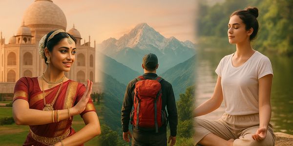 A woman in traditional Indian attire dancing near the Taj Mahal.