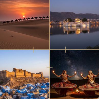 A camel caravan at sunset over desert dunes.