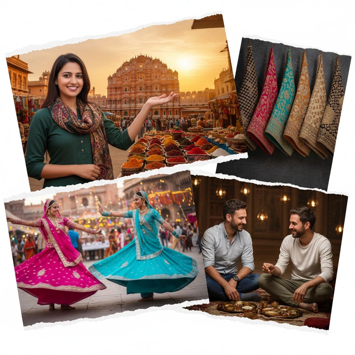 A woman poses in front of an Indian market with spices and architecture.