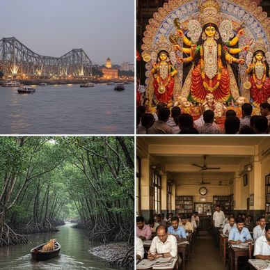 Howrah Bridge over the Hooghly River at dusk with boats.