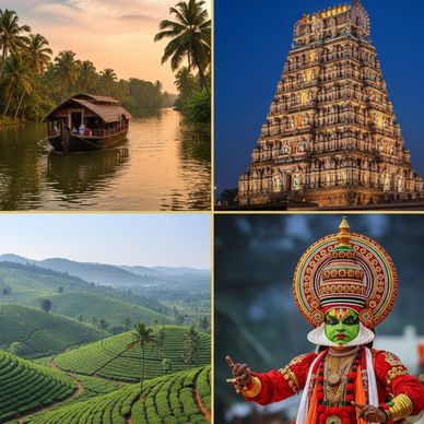 Scenic Kerala with houseboat, temple, tea gardens, and Kathakali dancer.