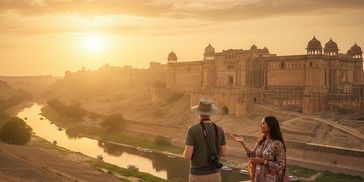 Tourists admire a historic fort at sunset by a river.