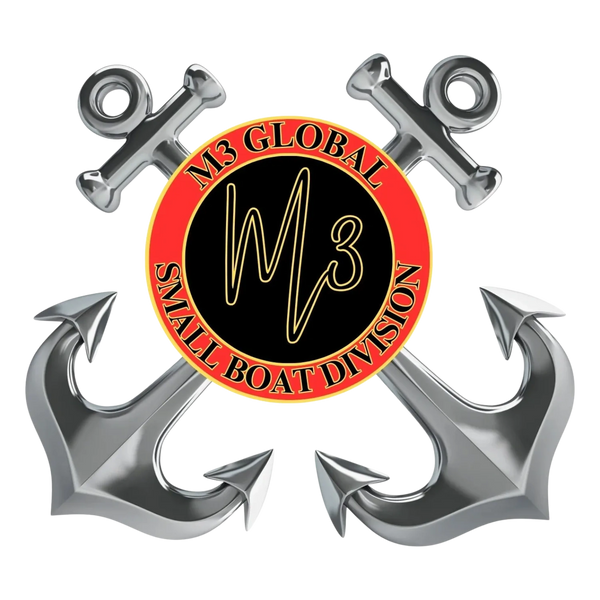 Logo with two silver anchors crossed behind a red and black circle with text.