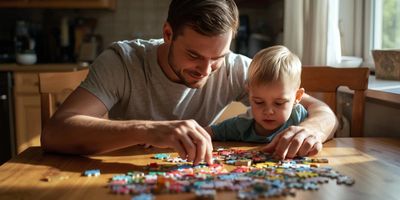 A father and son assembling a puzzle together at a wooden table.