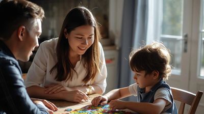 A family enjoys a board game together at home.