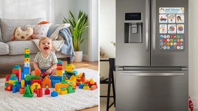 A happy toddler playing with colorful building blocks on a carpeted floor.
