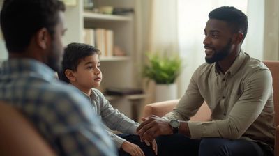 Man holding a boy's hands, talking.