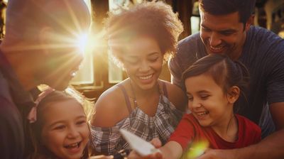A joyful family laughing together in warm sunlight.