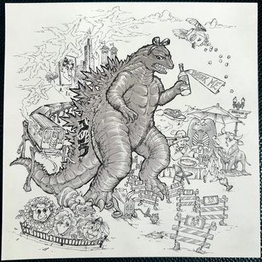 A Godzilla-like monster holding a bottle with a 'Drink Me' flag amid a chaotic city scene.