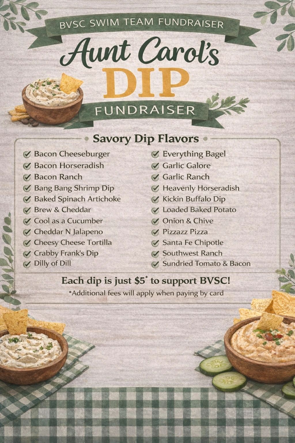 Fundraiser for BVSC swim team with Aunt Carol's dip flavors.
