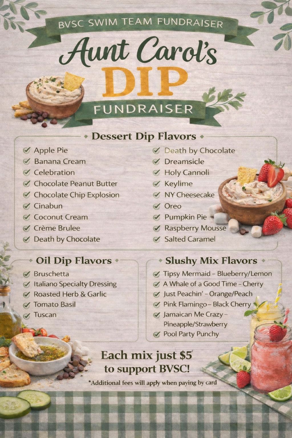 Fundraiser menu with dessert, oil dip, and slushy mix flavors to support BVSC swim team.