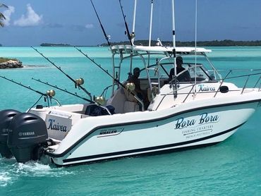 the boat of Bora Bora Fishing Charters getting ready to go out fishing in Bora Bora. 