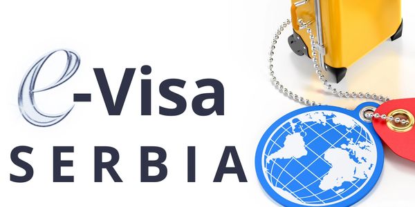 Suitcase, Serbia flag and e visa advertisement