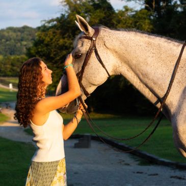 A woman gently touching a gray horse outdoors in a sunny setting.
