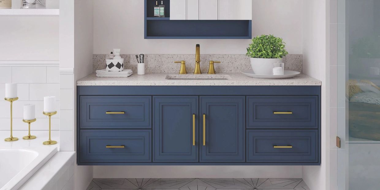 Wall Mount Blue Vanity with Gold Trim