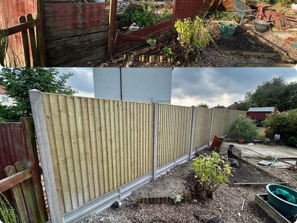 Before and after of a storm-damaged garden fence repair in Kent featuring new pressure-treated timbe