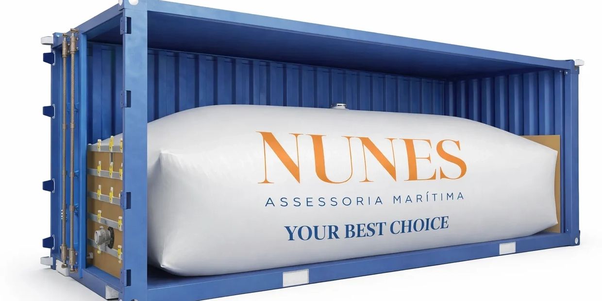 Inflatable cargo inside a blue shipping container labeled Nunes Assessoria Marítima.