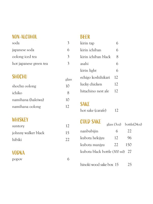 Mura Izakaya menu including sashimi, sushi rolls, hot plates, Japanese drinks, sake, beer, and cockt