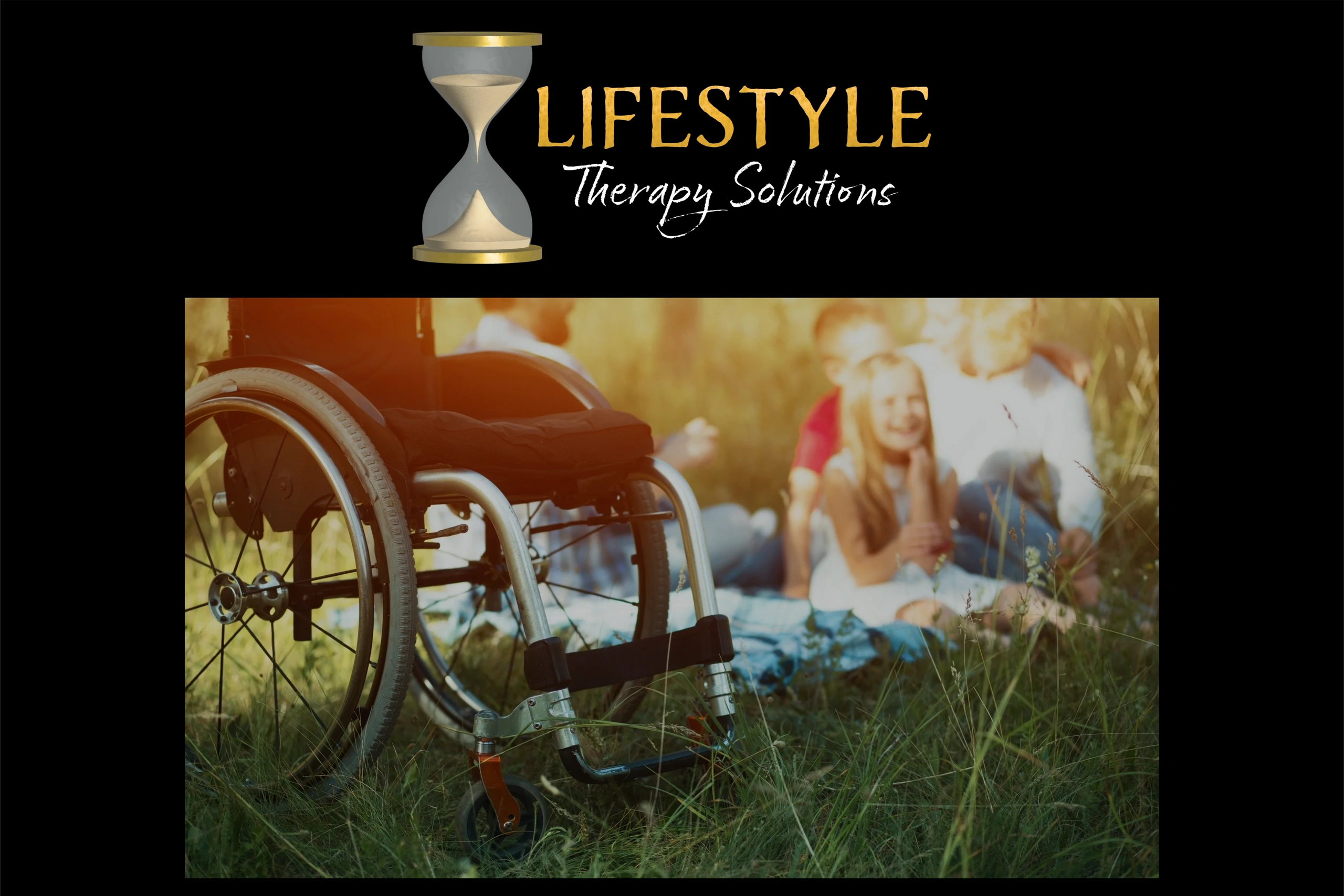 Lifestyle Therapy Solutions logo (hourglass) and a family having a picnic with a wheelchair nearby.