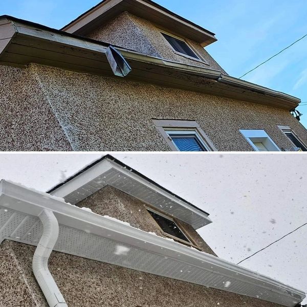 before and after eavestrough replacement showing professional home maintenance services in North Bay