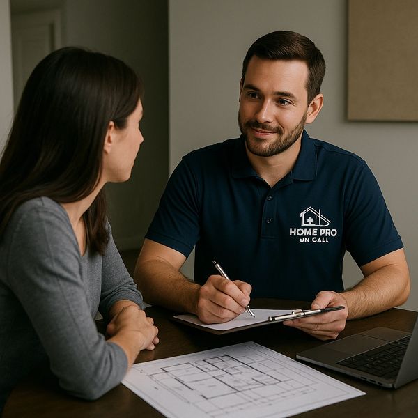 Homeowner meeting with a consultant to review renovation plans and project details in North Bay