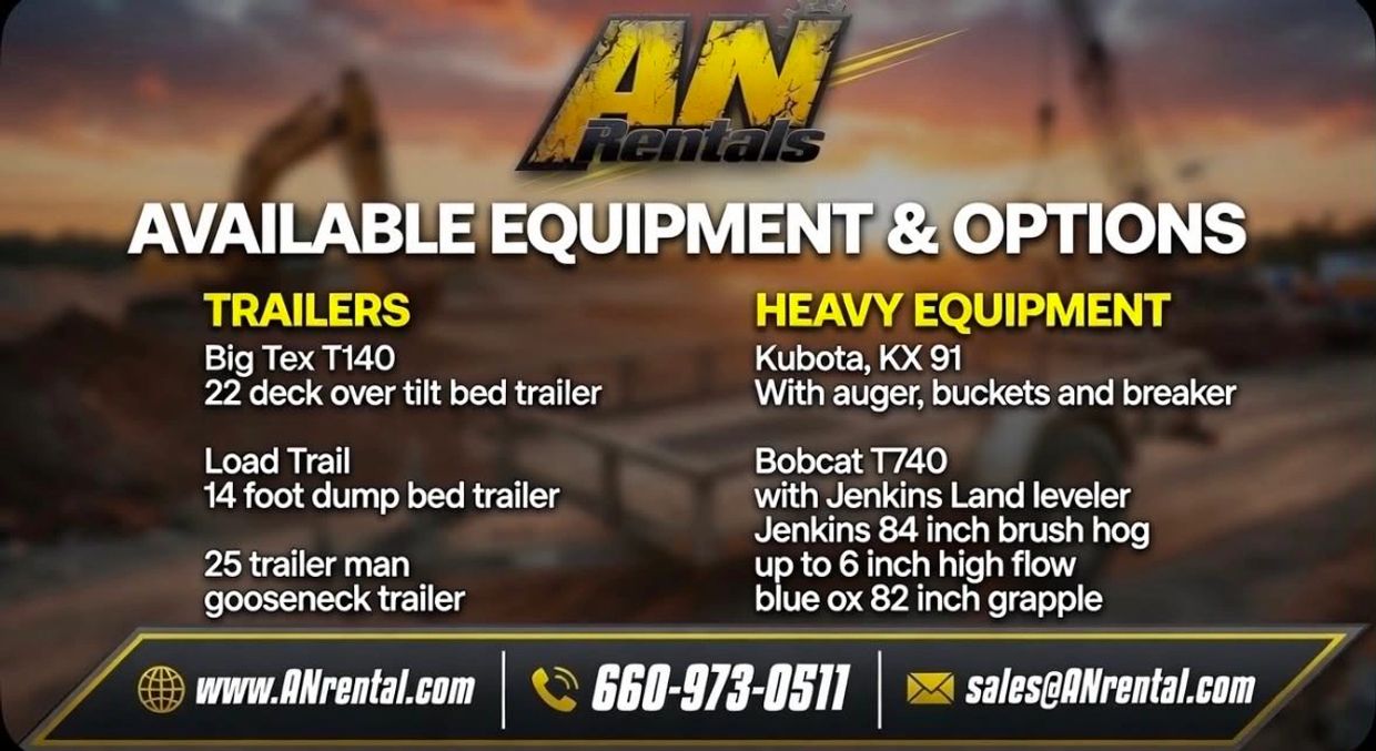 Available equipment and options for rentals including trailers and heavy equipment.
