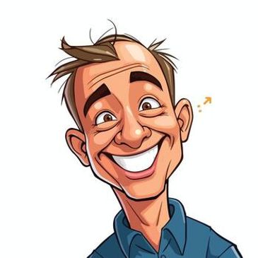 Caricature of a cheerful bald man with a big smile and blue shirt.